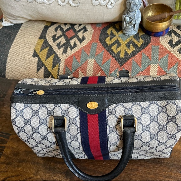 GUCCI Web Sherry Line Navy Boston Bag With Authenticity Cert - Picture 12 of 17